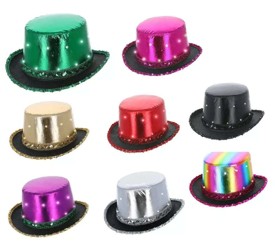 Sombrero de Copa Metálico con luz Led en varios colores adulto