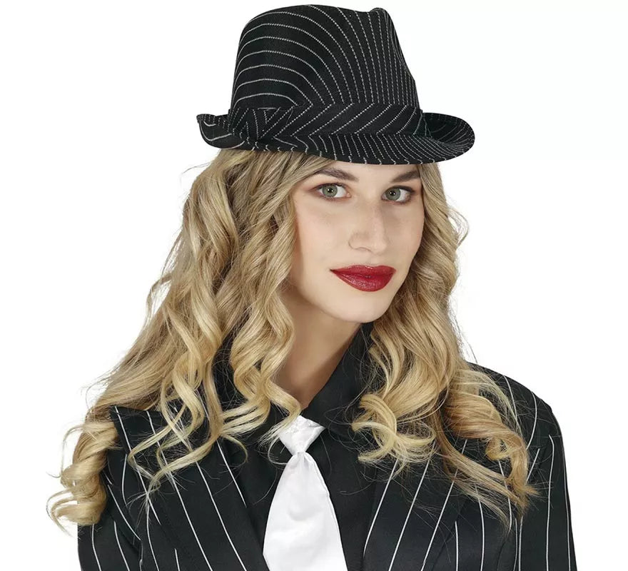 Sombrero de Gánster negro a rayas blancas