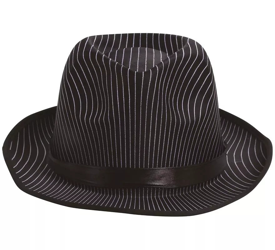 Sombrero de Gánster negro a rayas blancas con banda negra