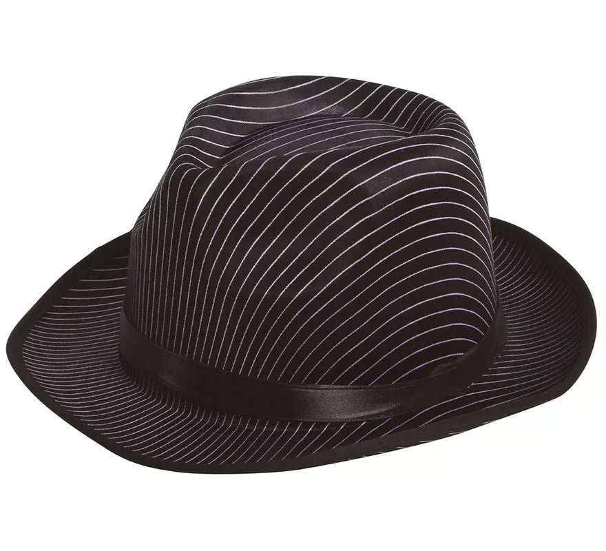 Sombrero de Gánster negro a rayas blancas con banda negra