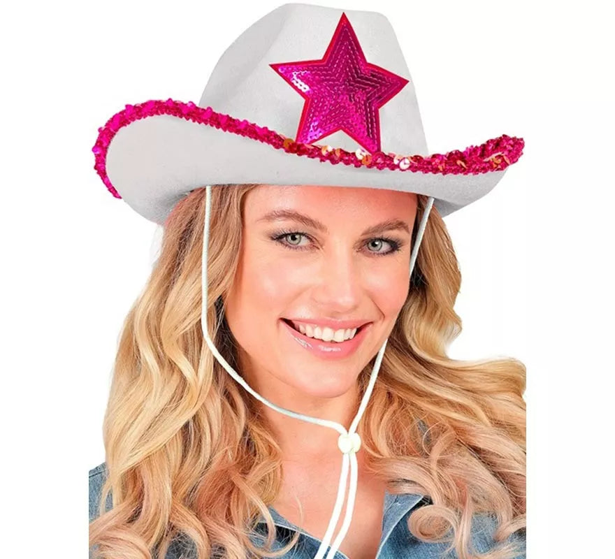 Sombrero de Vaquera blanco con Lentejuelas rosa