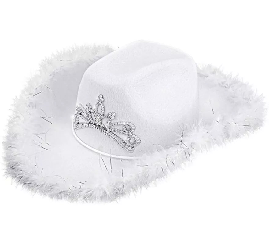 Sombrero de Vaquera con Tiara y Borde de Plumas en varios colores