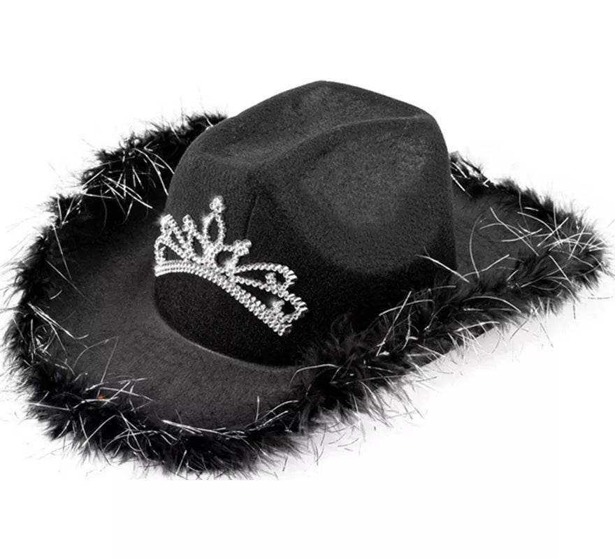 Sombrero de Vaquera con Tiara y Borde de Plumas en varios colores