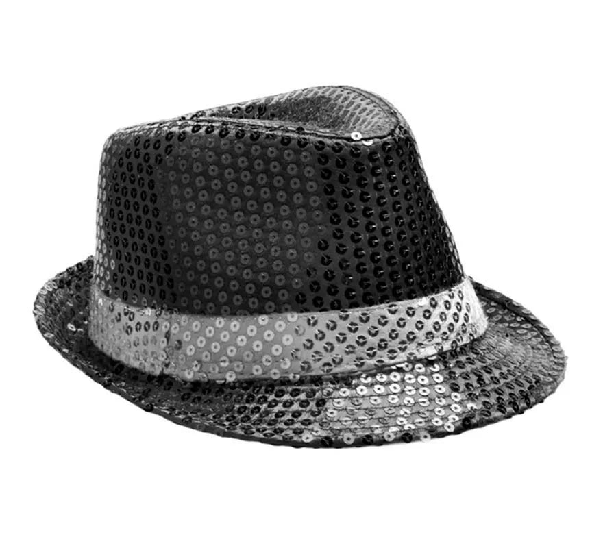 Translation missing: de.Sombrero Gánster de lentejuelas negro con banda blanca