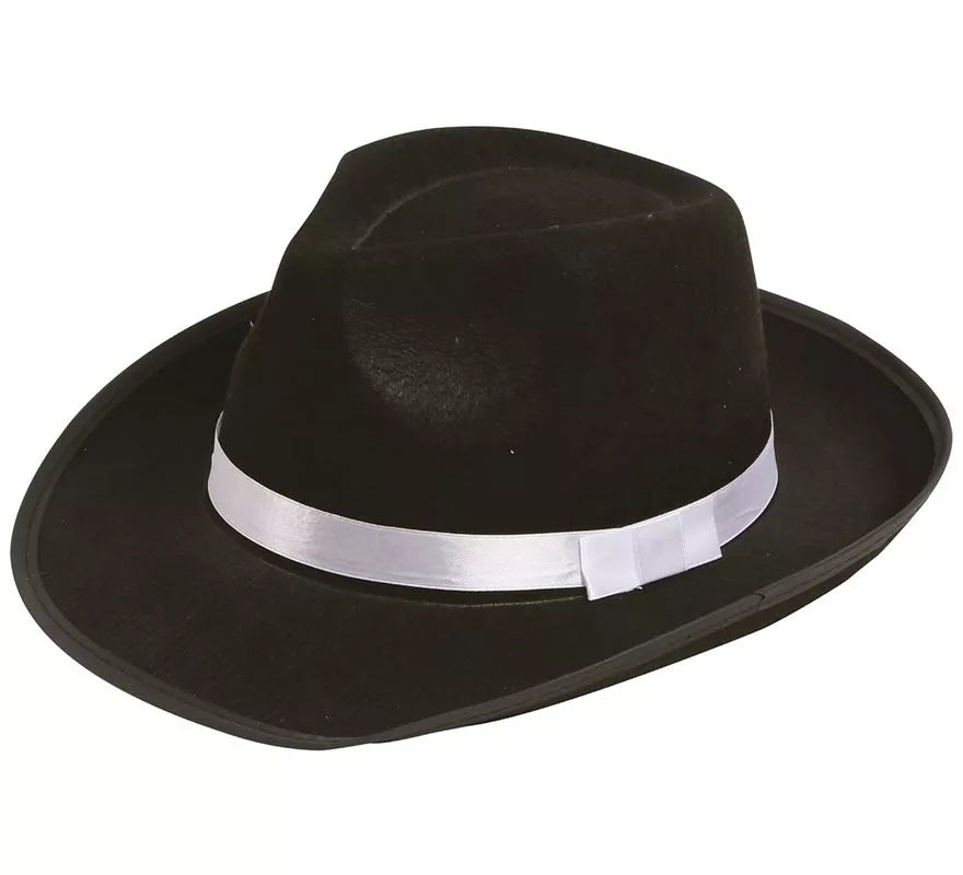 Sombrero Gánster negro con cinta blanca