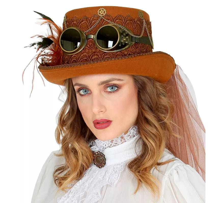 Translation missing: de.Sombrero Steampunk Top de Fieltro con Velo