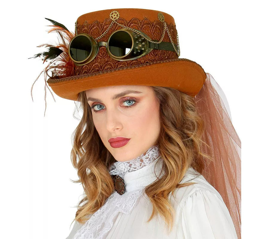Translation missing: de.Sombrero Steampunk Top de Fieltro con Velo