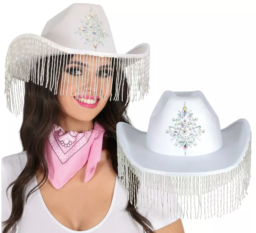 Translation missing: de.Sombrero Vaquero blanco con Flecos para adultos