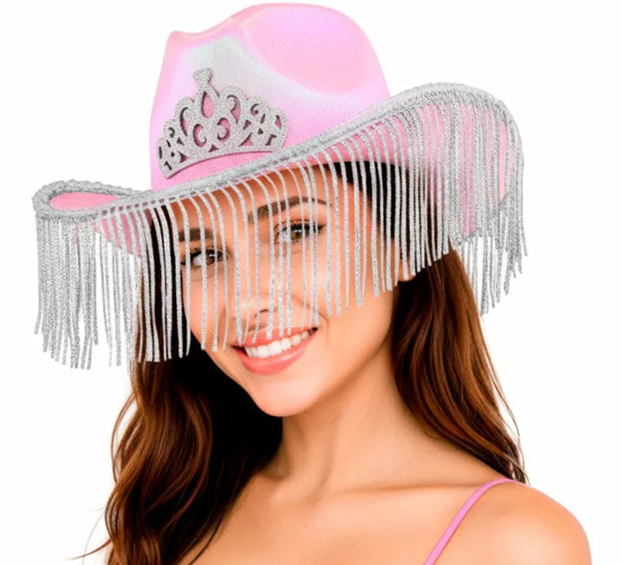 Sombrero Vaquero rosa con Flecos