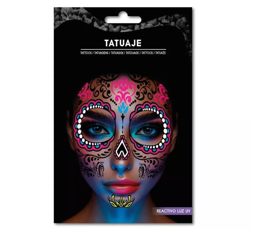 Translation missing: de.Tatuaje Catrina rosa y azul fluorescente