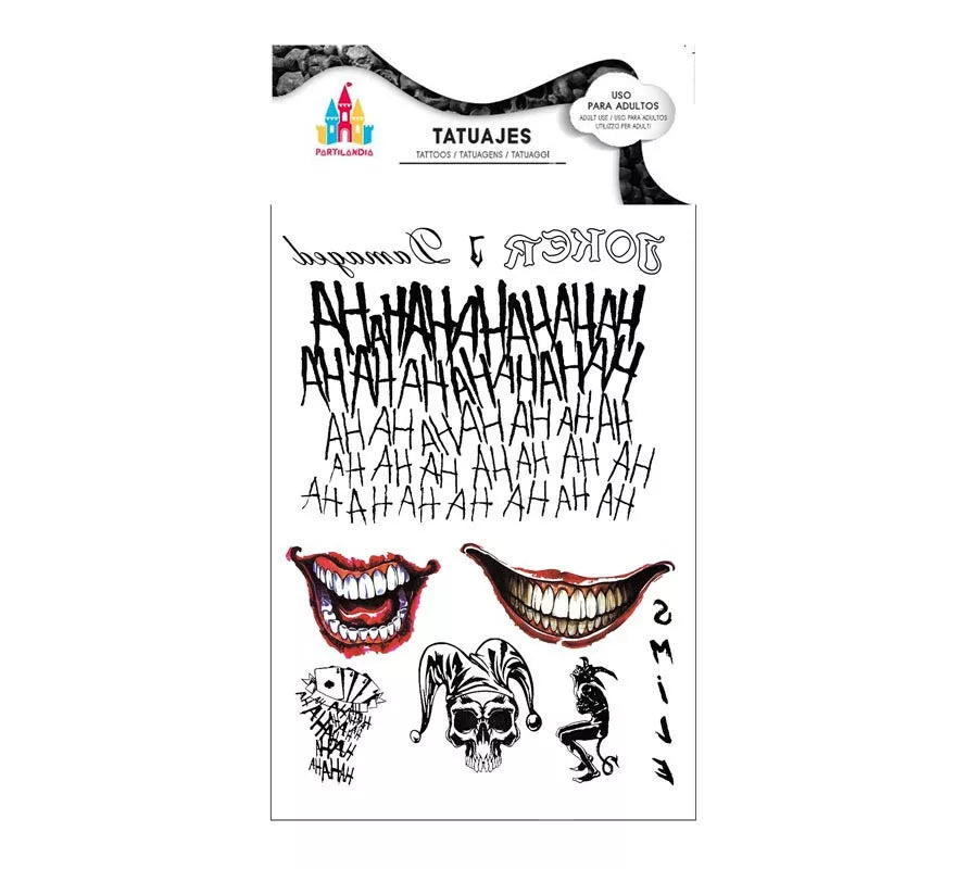 Translation missing: de.Tatuajes de Arlequín conflictivo sonrisas y texto negro