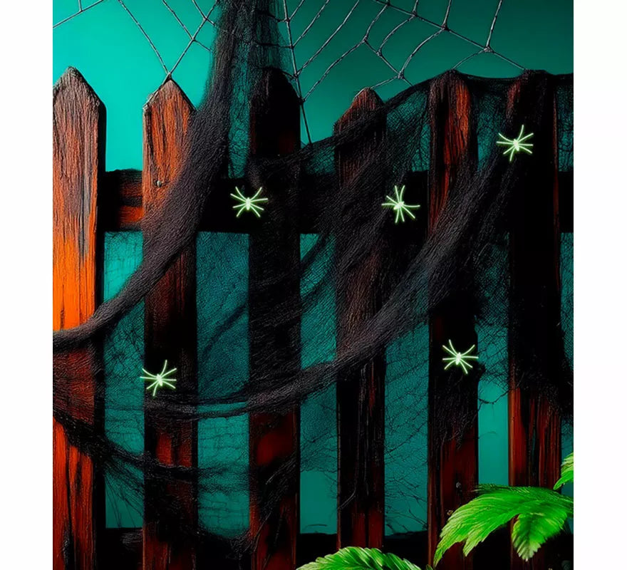 Telaraña negra de 100 g con 5 Arañas Fluorescentes