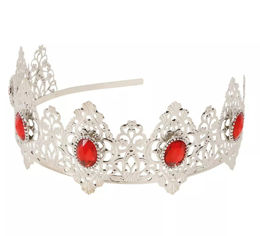 Tiara Plateada con Piedras Rojas de Reina