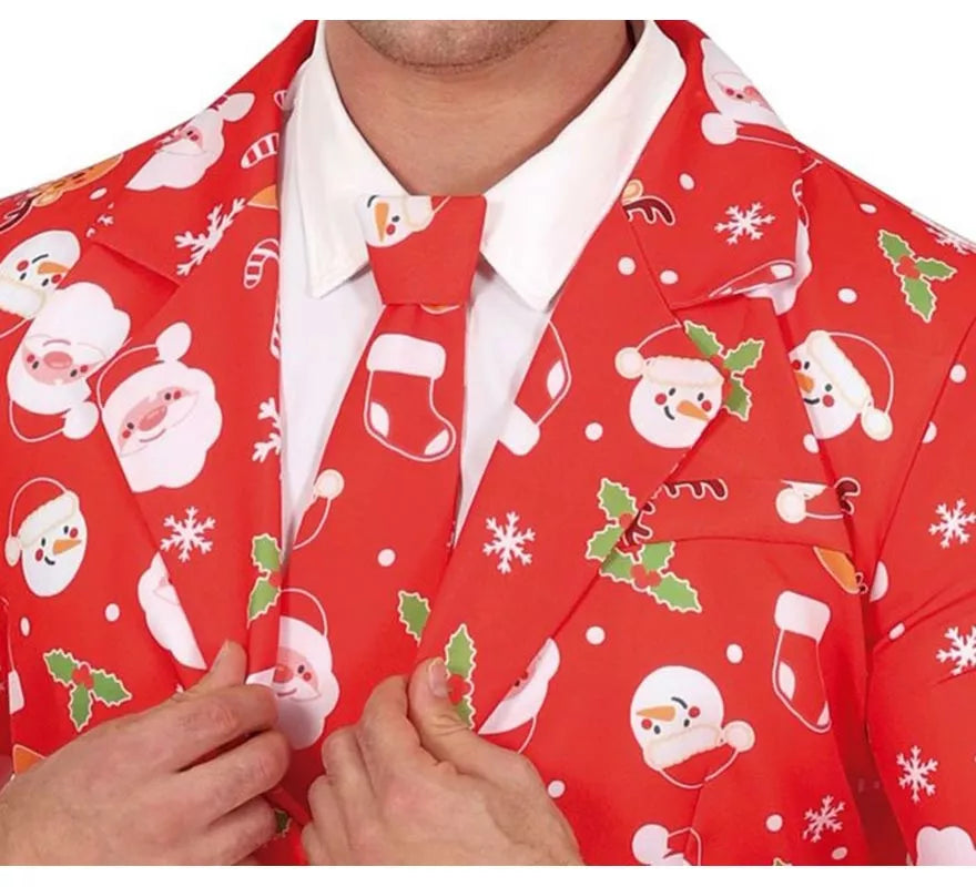 Traje Divertido de Papá Noel rojo con corbata para hombre