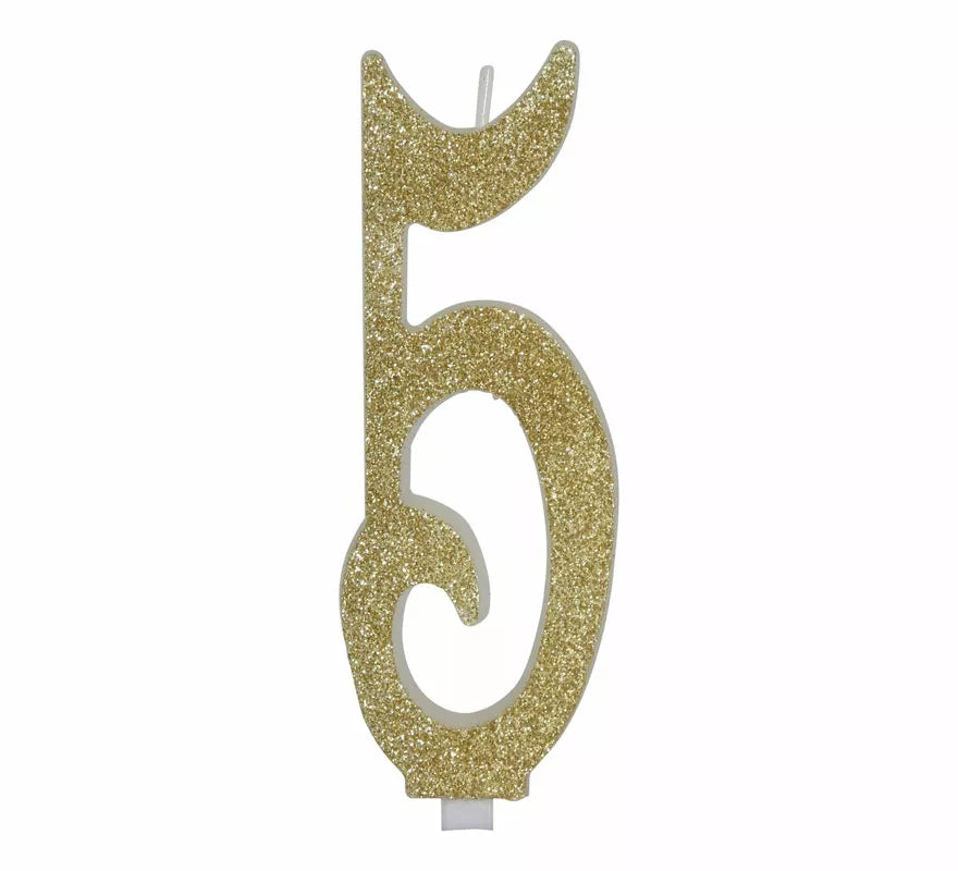 Vela Escarchada Oro Número 5, de 12.5 cm