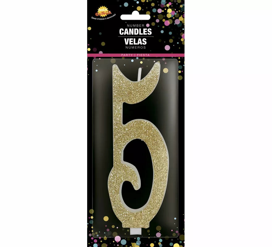 Vela Escarchada Oro Número 5, de 12.5 cm