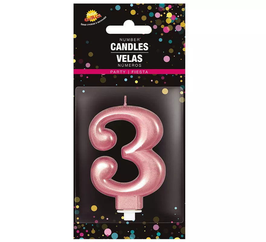 Translation missing: de.Vela Metalizada Oro y Rosa Número 3, de 8 cm