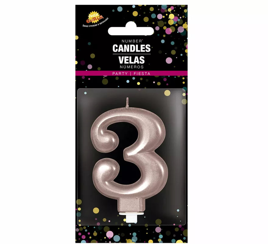 Translation missing: de.Vela Metalizada Oro y Rosa Número 3, de 8 cm