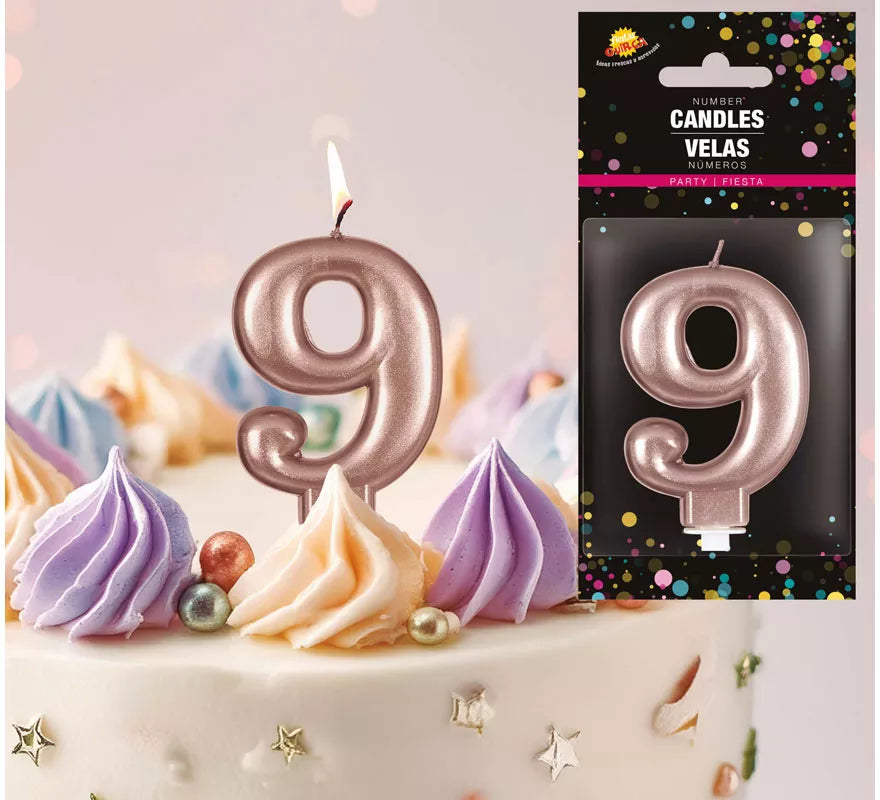 Translation missing: de.Vela Metalizada Oro y Rosa Número 9, de 8 cm