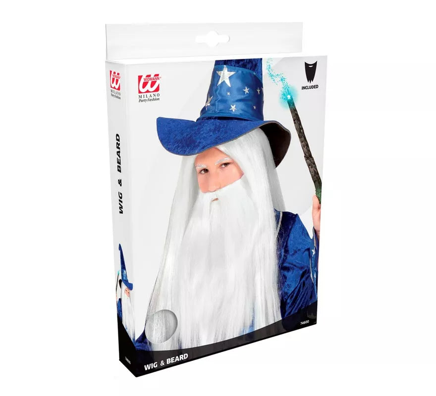 Peluca con Barba blanca infantil de Mago o Druida
