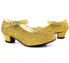Sevillana-Schuh mit goldenem Glitzerabsatz in den Nummern 22 bis 41