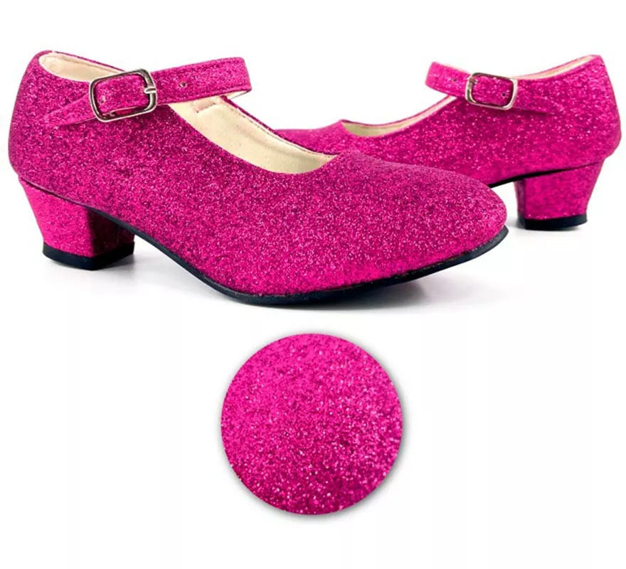 Translation missing: de.Zapato Sevillana con tacón Fucsia Purpurina en números del 22 al 41