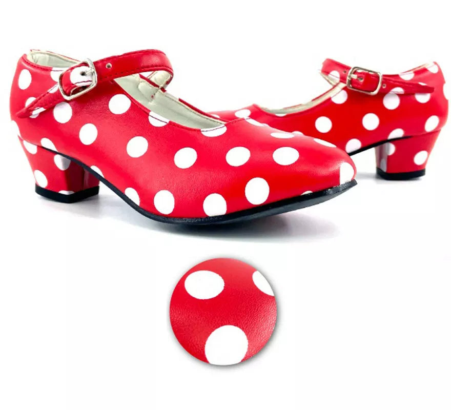 Translation missing: de.Zapato Sevillana con tacón Rojo con lunares Blancos en números del 22 al 41