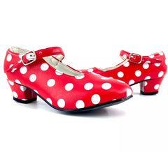 Sevillana-Schuh mit rotem Absatz mit weißen Tupfen in den Nummern 22 bis 41