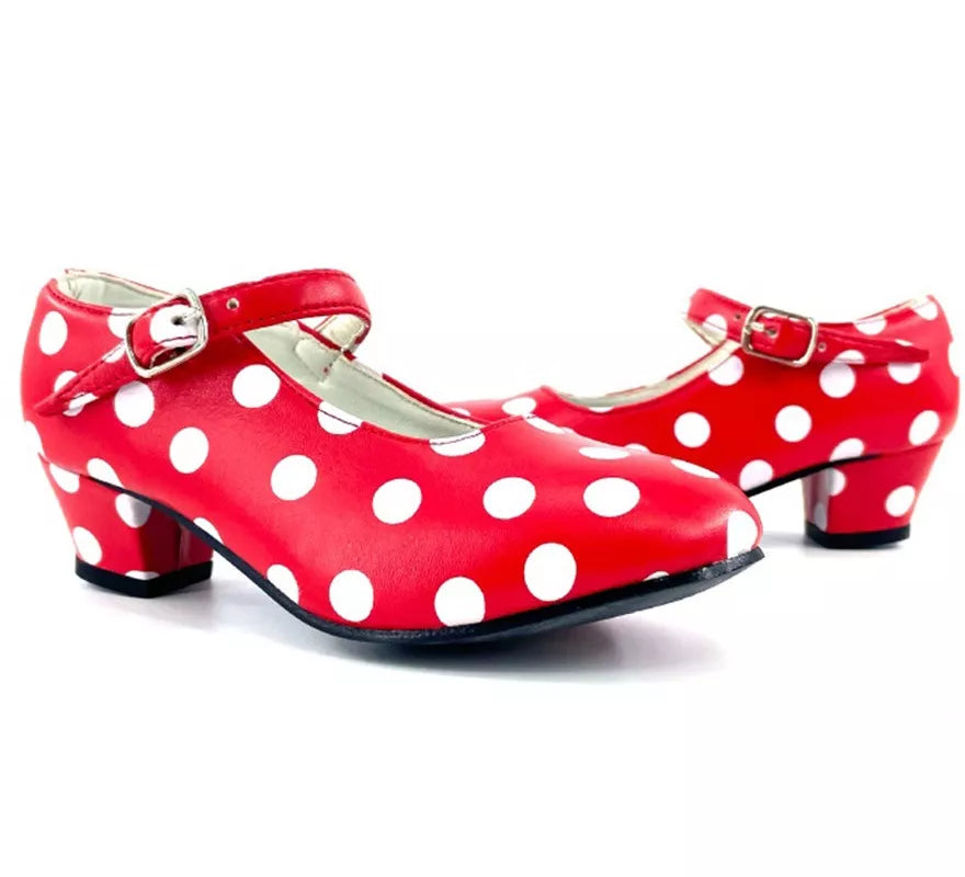 Translation missing: de.Zapato Sevillana con tacón Rojo con lunares Blancos en números del 22 al 41