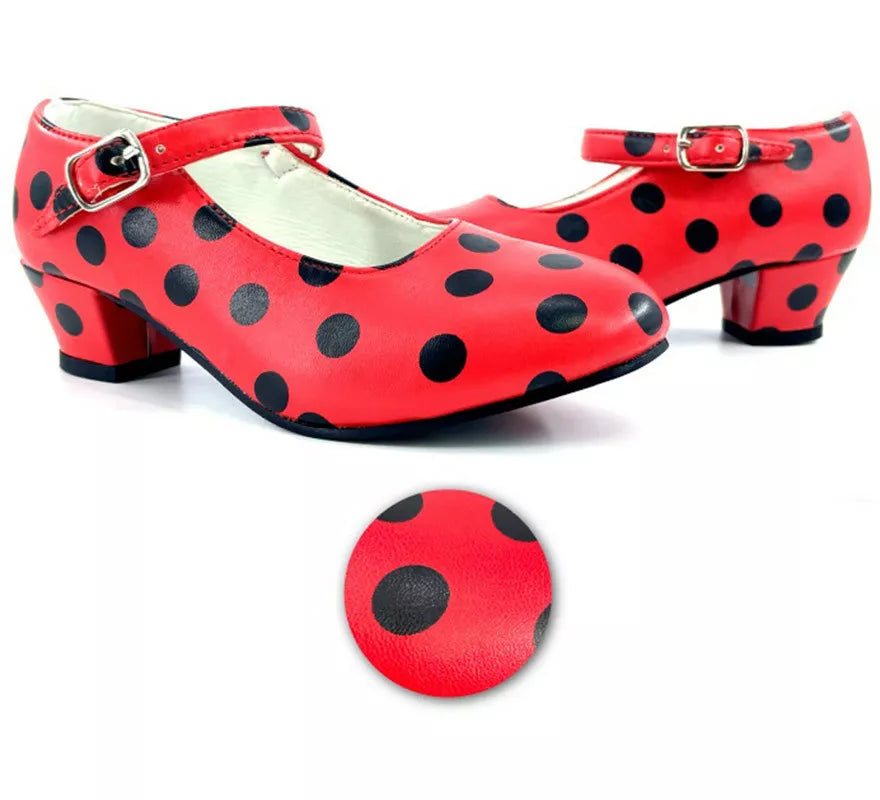 Translation missing: de.Zapato Sevillana con tacón Rojo con lunares Negros en números del 22 al 41