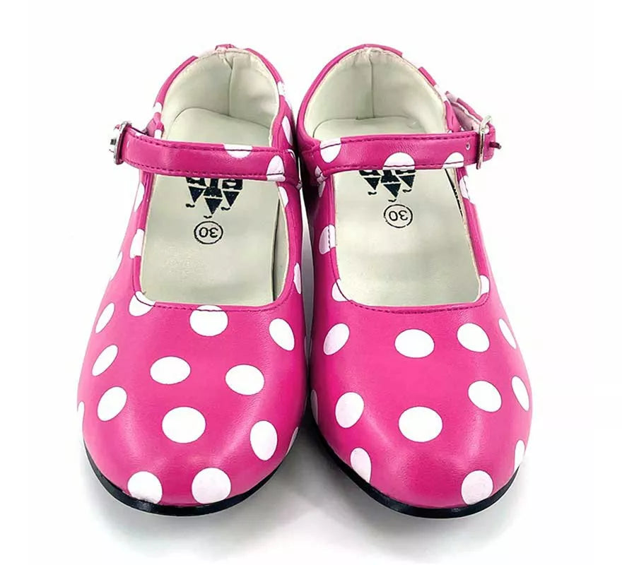 Translation missing: de.Zapato Sevillana de tacón Fucsia con lunares Blancos números del 22 al 41