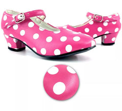 Sevillana-Schuh mit rosa Absatz mit weißen Punkten in den Nummern 22 bis 41
