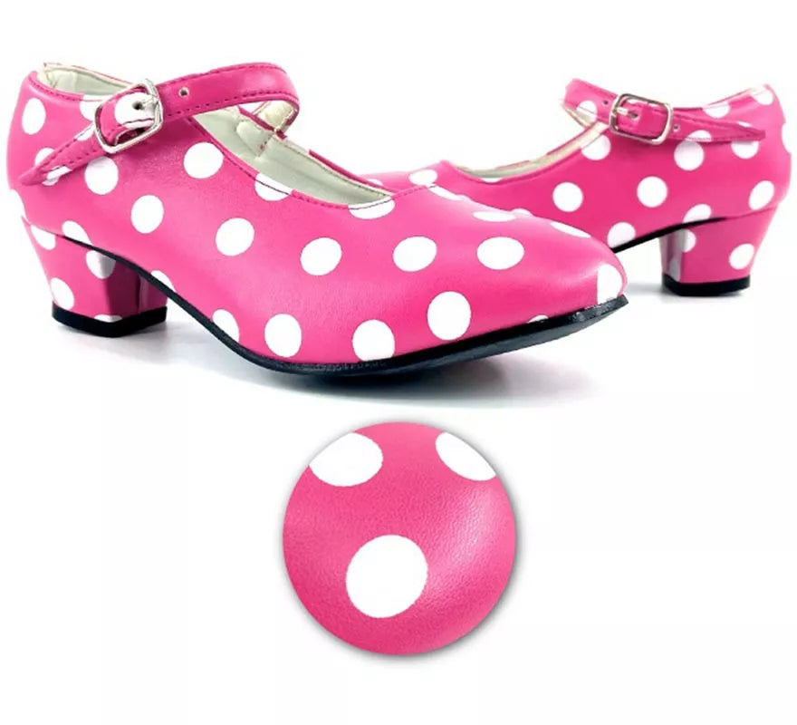 Translation missing: de.Zapato Sevillana de tacón Fucsia con lunares Blancos números del 22 al 41