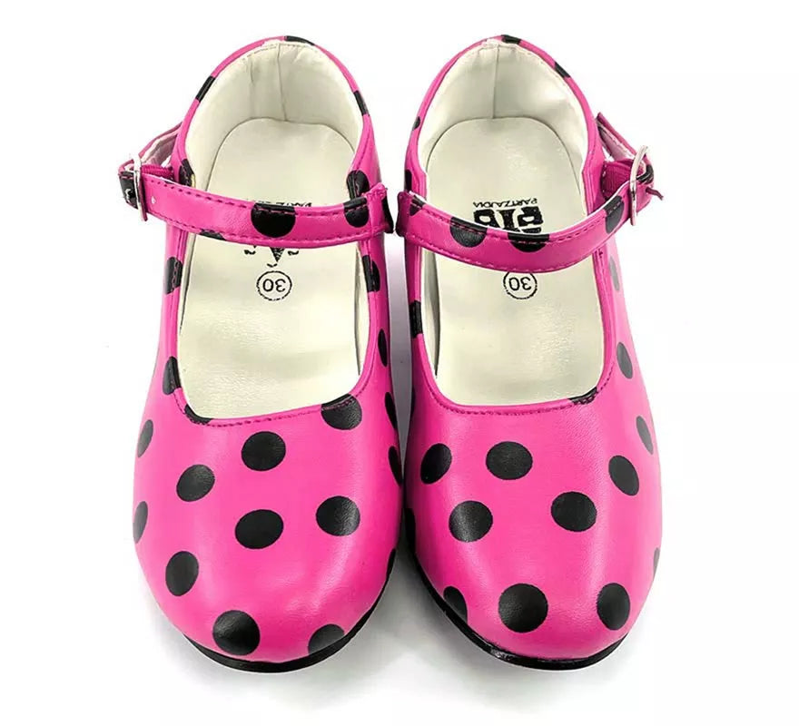 Zapato Sevillana con tacón Fucsia con lunares Negros números del 22 al 41