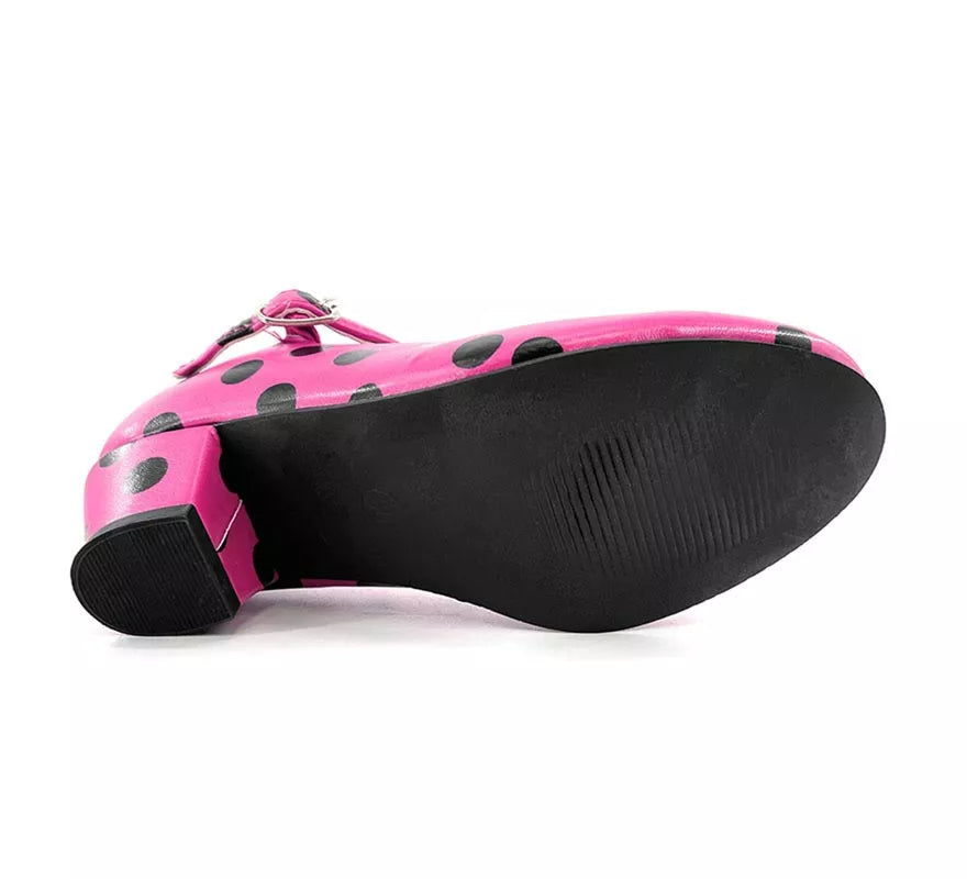 Translation missing: de.Zapato Sevillana con tacón Fucsia con lunares Negros números del 22 al 41