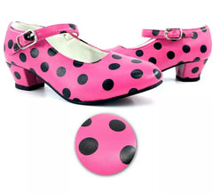 Sevillana-Schuh mit rosa Absatz mit schwarzen Punkten in den Nummern 22 bis 41